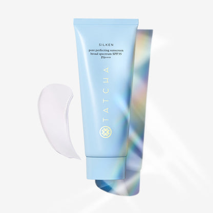 Shot of Silken Pore Perfecting Sunscreen SPF 35 with texture beside it.